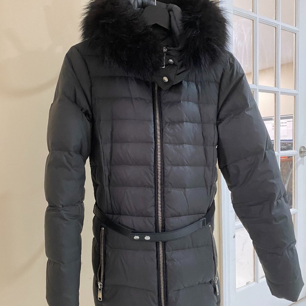 Andrew Marc Leather Belted Puffer w. Black Fur